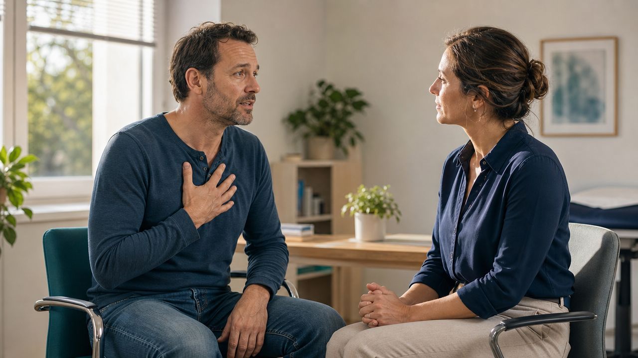Een patiënt bespreekt pijn op de borst met een huisarts